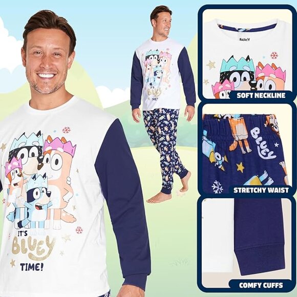 Bluey Christmas Matching Pajamas Set PJs Men sz Med Sleep Goodnight Dog Cartoon - Picture 1 of 5